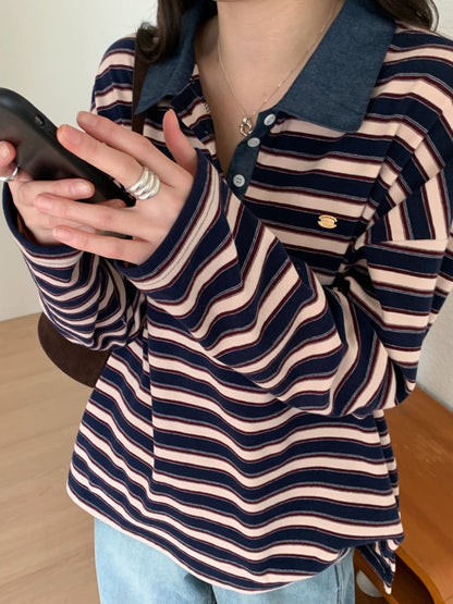 * Stripe Loose Fit Collar T-shirt