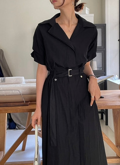 * Open Collar Belt Shirt Dress