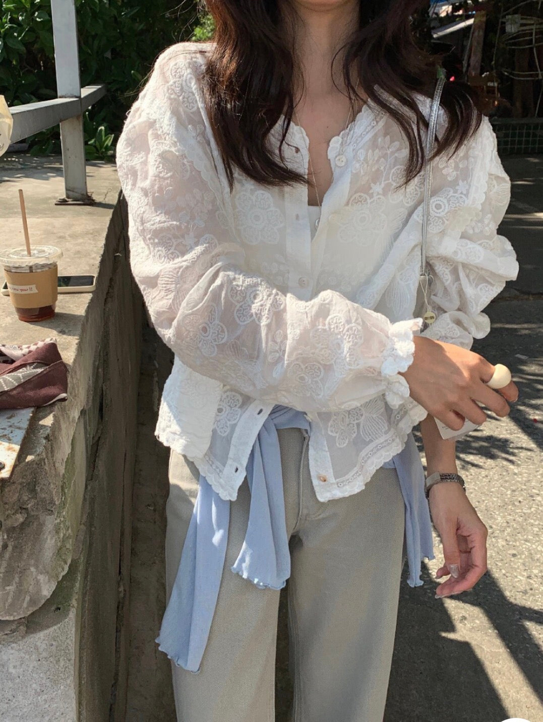 * Floral Lace Cotton Blouse Cardigan