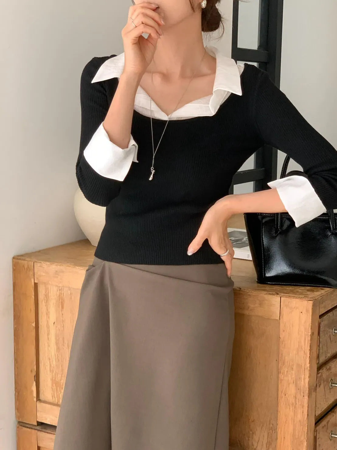 * Layered Sheer Shirt Knit