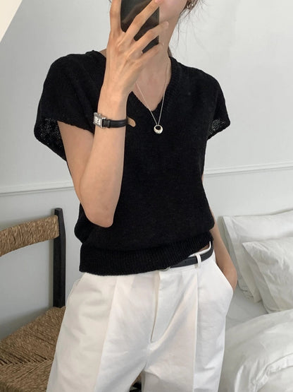 V-Neck Cap Sleeve Knit Top(~9/1) - AdoreMeU