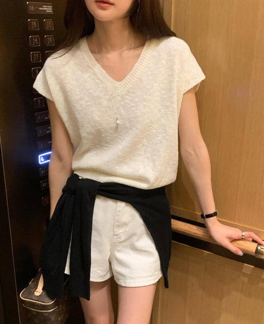 V-Neck Cap Sleeve Knit Top(~9/1) - AdoreMeU