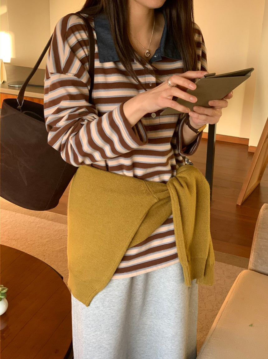 * Stripe Loose Fit Collar T-shirt