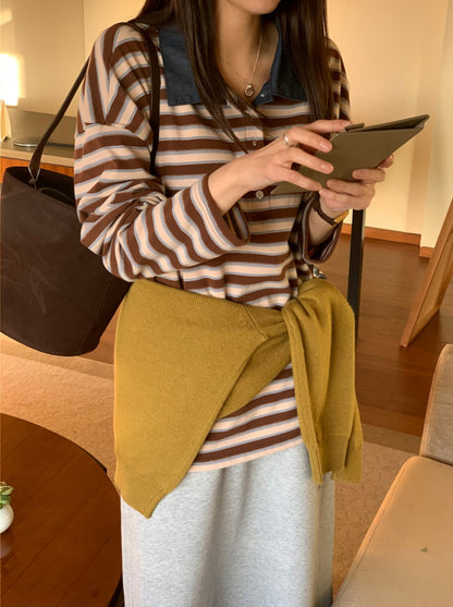 * Stripe Loose Fit Collar T-shirt