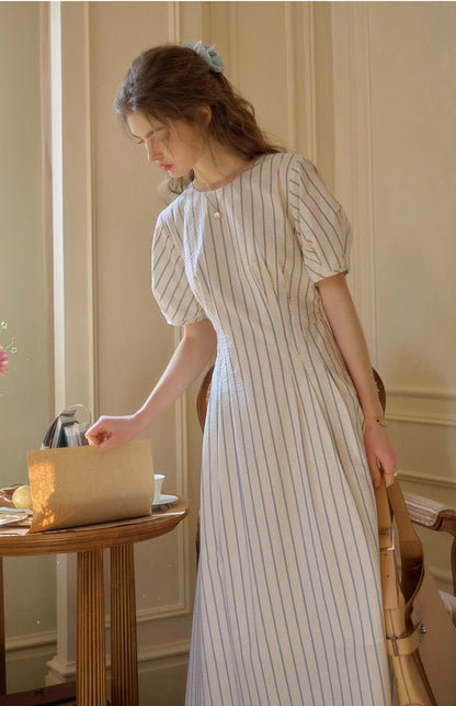 * Stripe Puff Sleeve Long Dress
