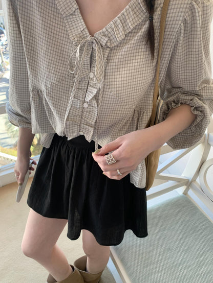 * Check Frill V-Neck Blouse
