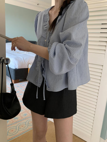 * Check Frill V-Neck Blouse