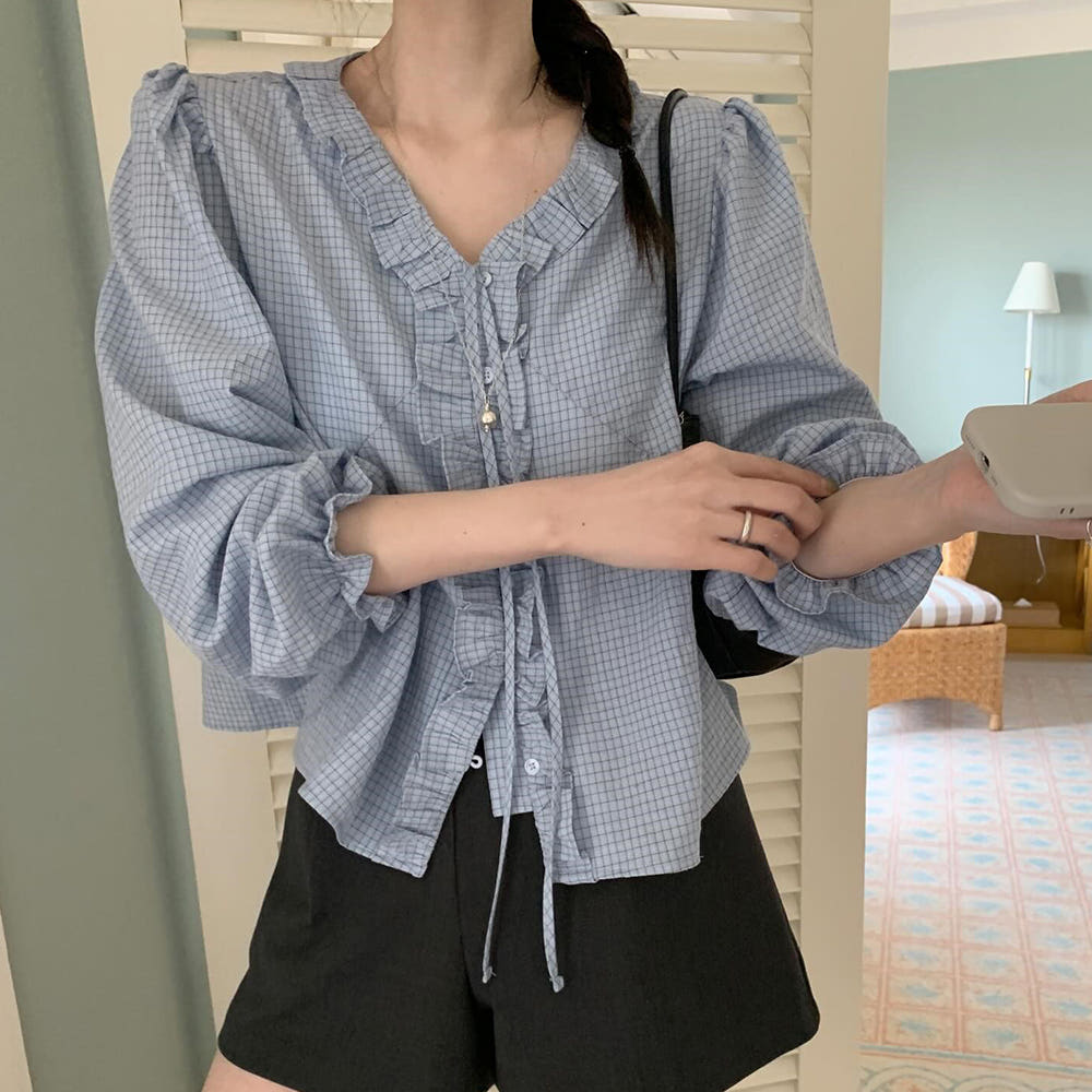 * Check Frill V-Neck Blouse