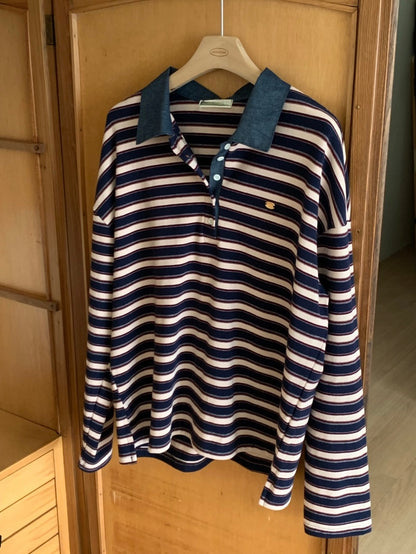 * Stripe Loose Fit Collar T-shirt