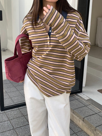 * Stripe Loose Fit Collar T-shirt