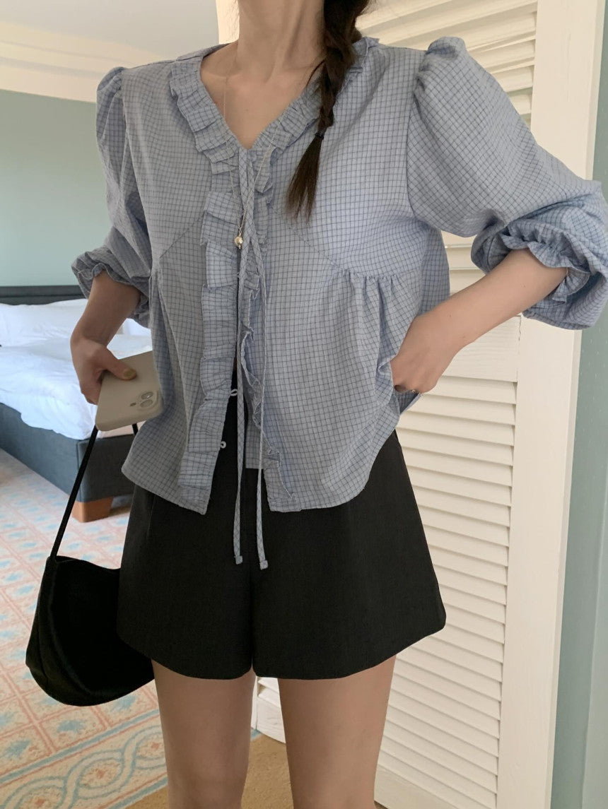 * Check Frill V-Neck Blouse