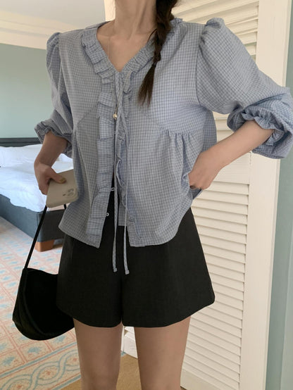 * Check Frill V-Neck Blouse