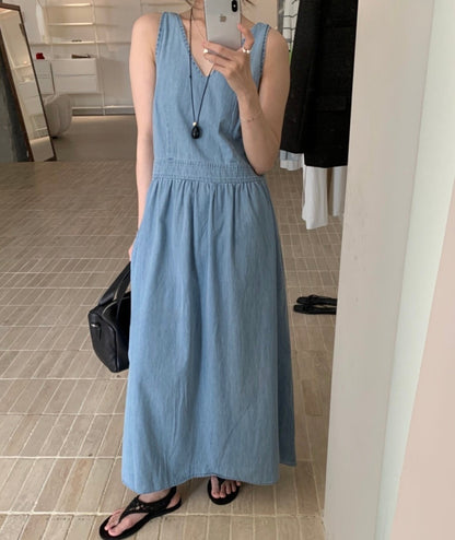 * V-Neck Denim Long Dress