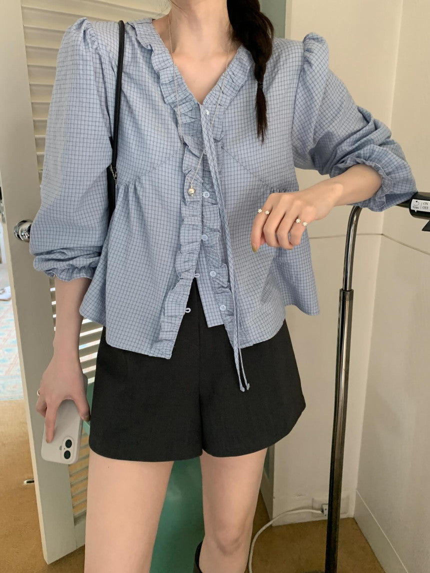 * Check Frill V-Neck Blouse