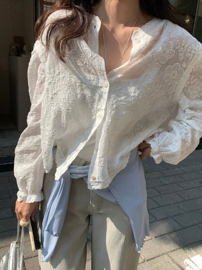 * Floral Lace Cotton Blouse Cardigan