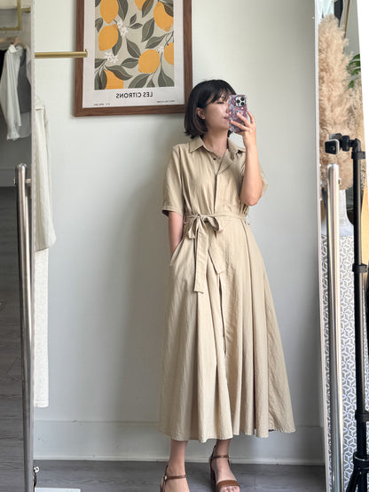 Collared Belted Balloon Dress - AdoreMeU