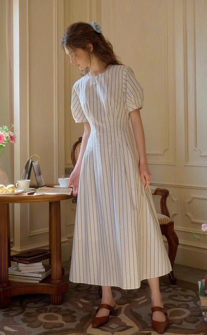 * Stripe Puff Sleeve Long Dress