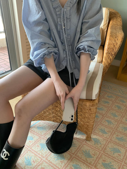 * Check Frill V-Neck Blouse