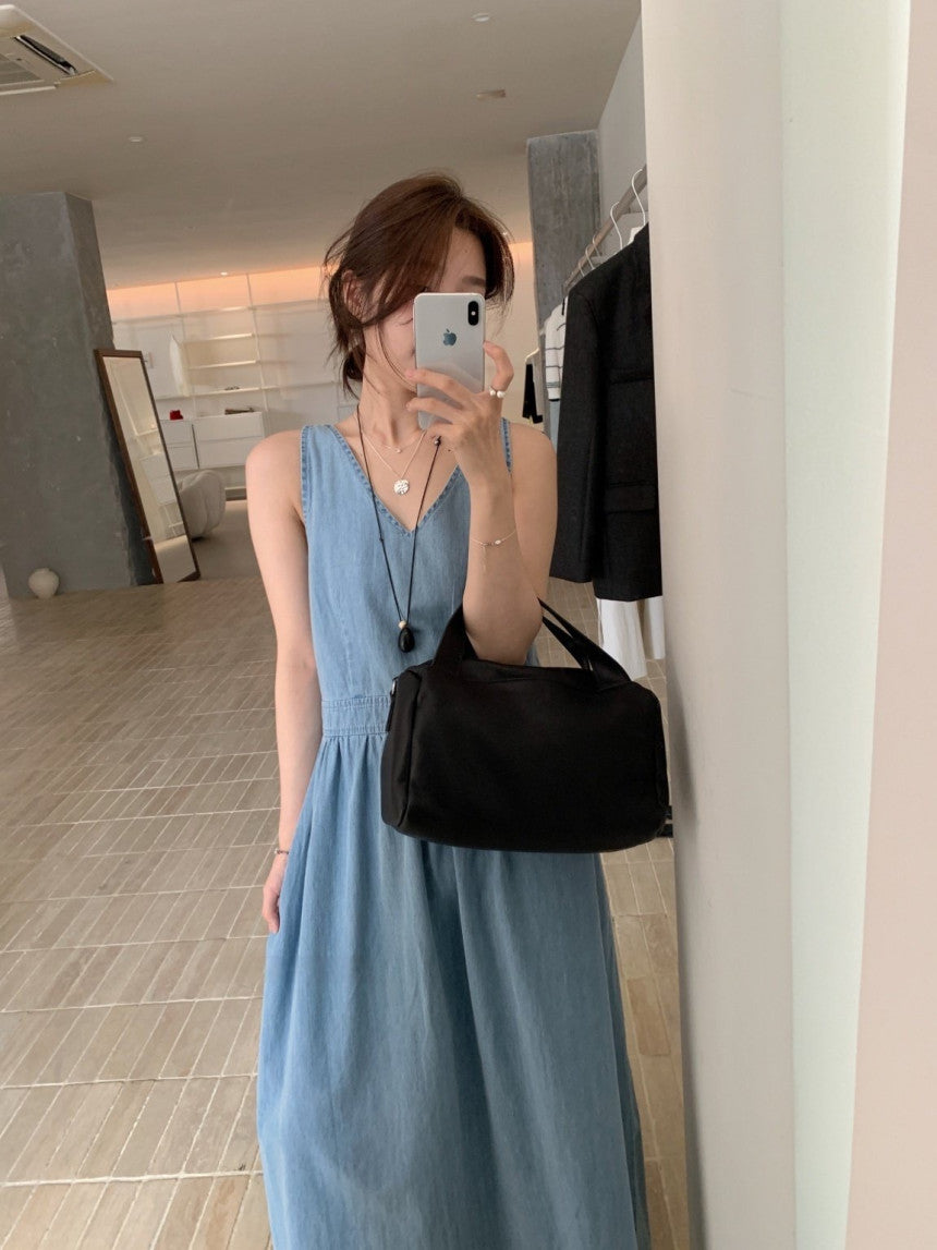 * V-Neck Denim Long Dress