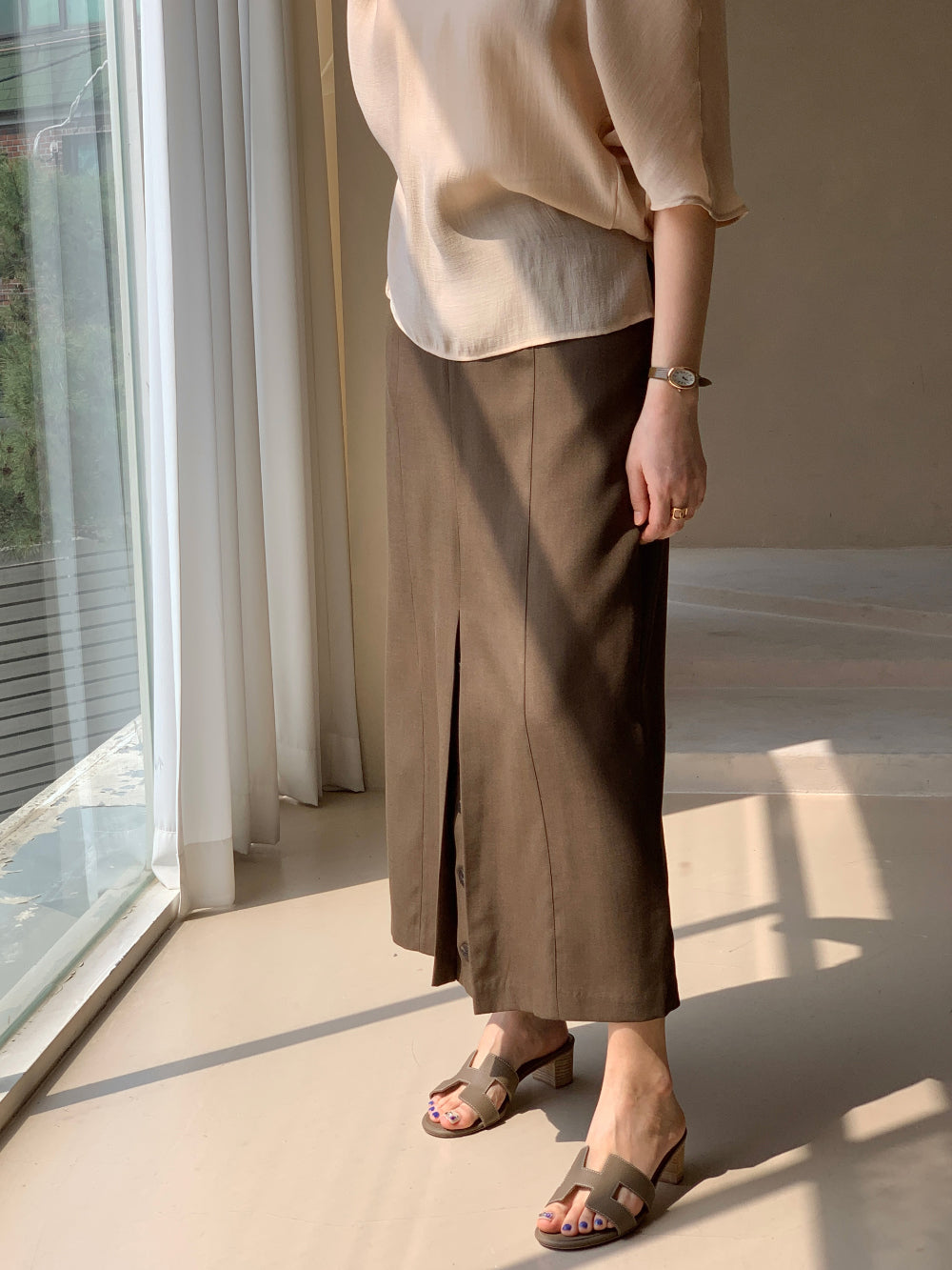 Mood Button Linen Skirt (~7/16)