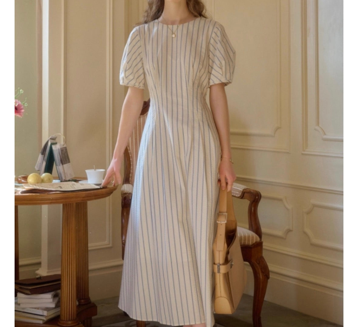 * Stripe Puff Sleeve Long Dress