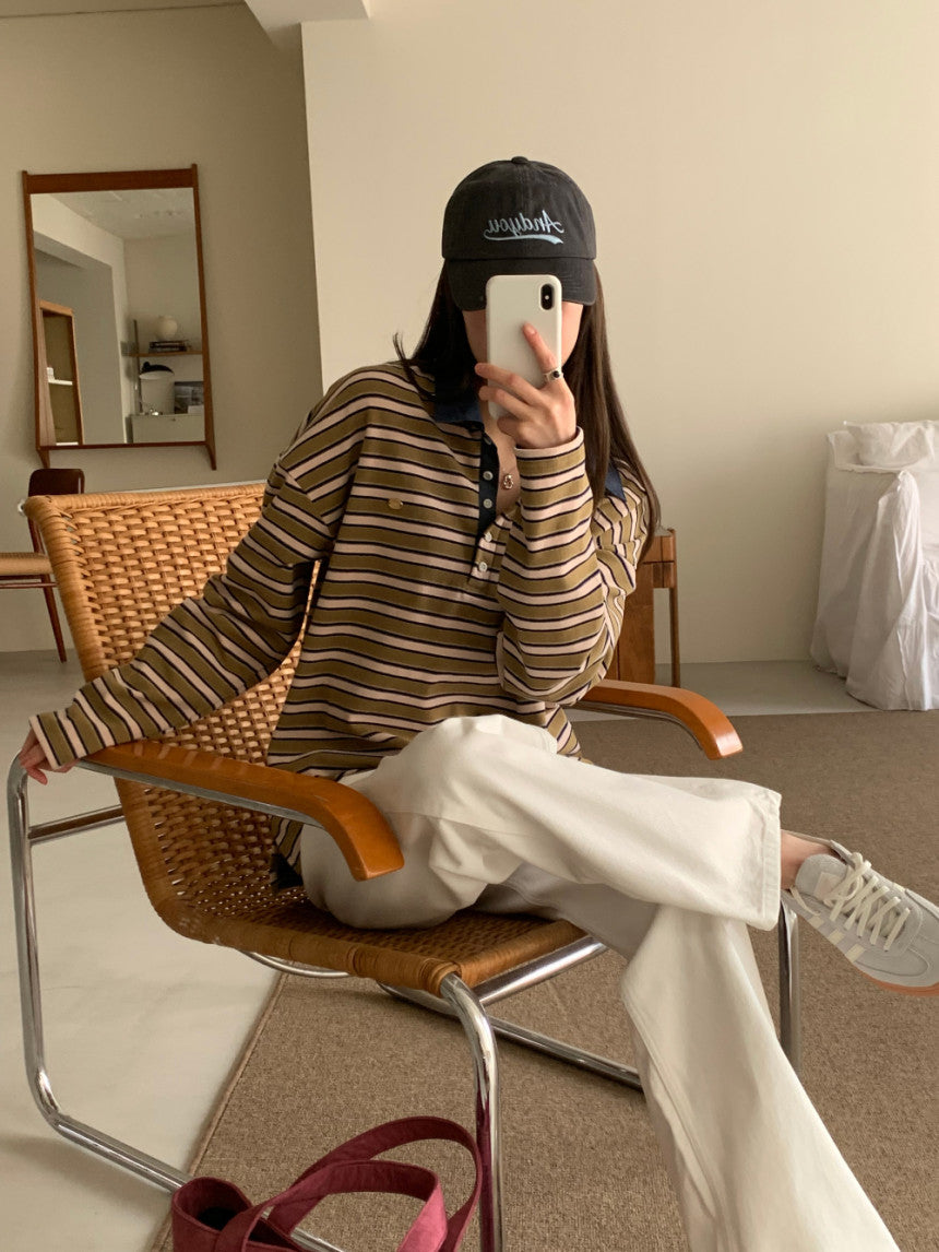 * Stripe Loose Fit Collar T-shirt