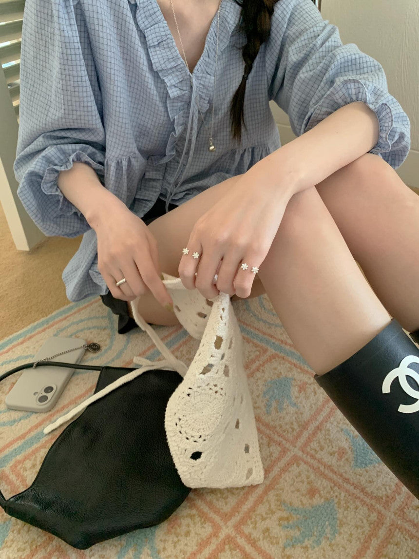 * Check Frill V-Neck Blouse