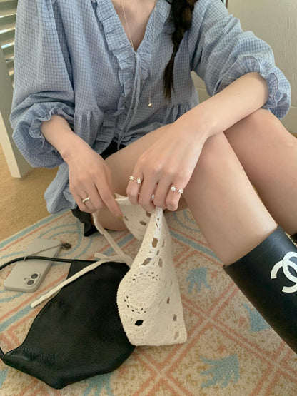 * Check Frill V-Neck Blouse