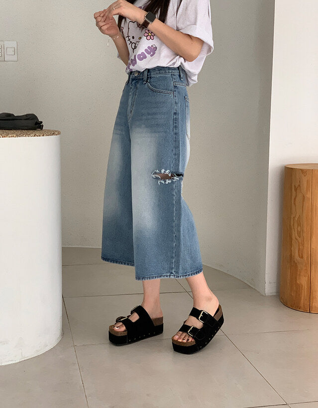 * Damaged Denim Bermuda Shorts