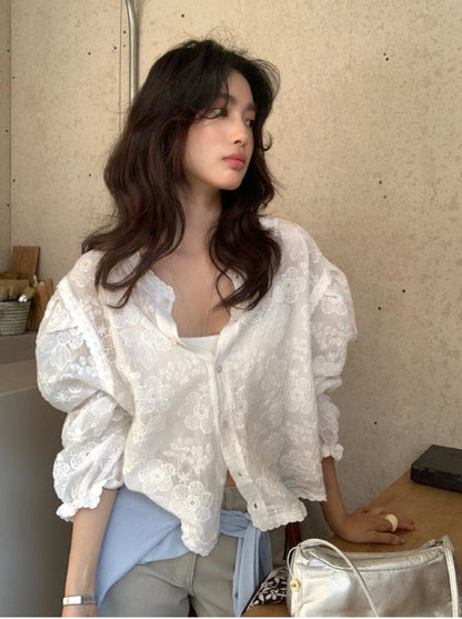 * Floral Lace Cotton Blouse Cardigan