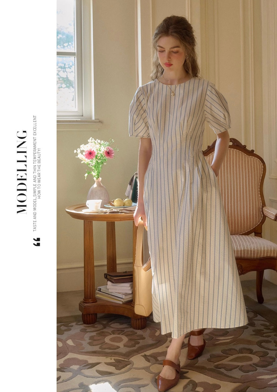 * Stripe Puff Sleeve Long Dress