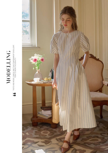 * Stripe Puff Sleeve Long Dress