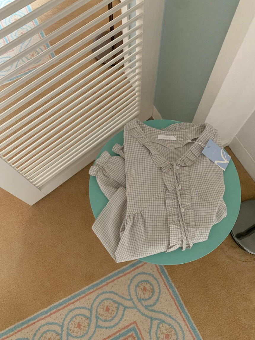 * Check Frill V-Neck Blouse