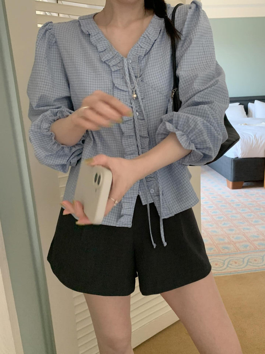 * Check Frill V-Neck Blouse