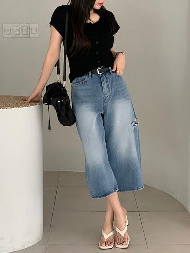* Damaged Denim Bermuda Shorts