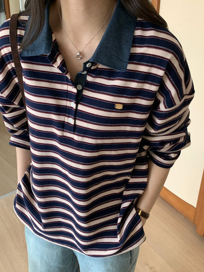 * Stripe Loose Fit Collar T-shirt