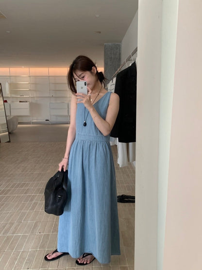 * V-Neck Denim Long Dress