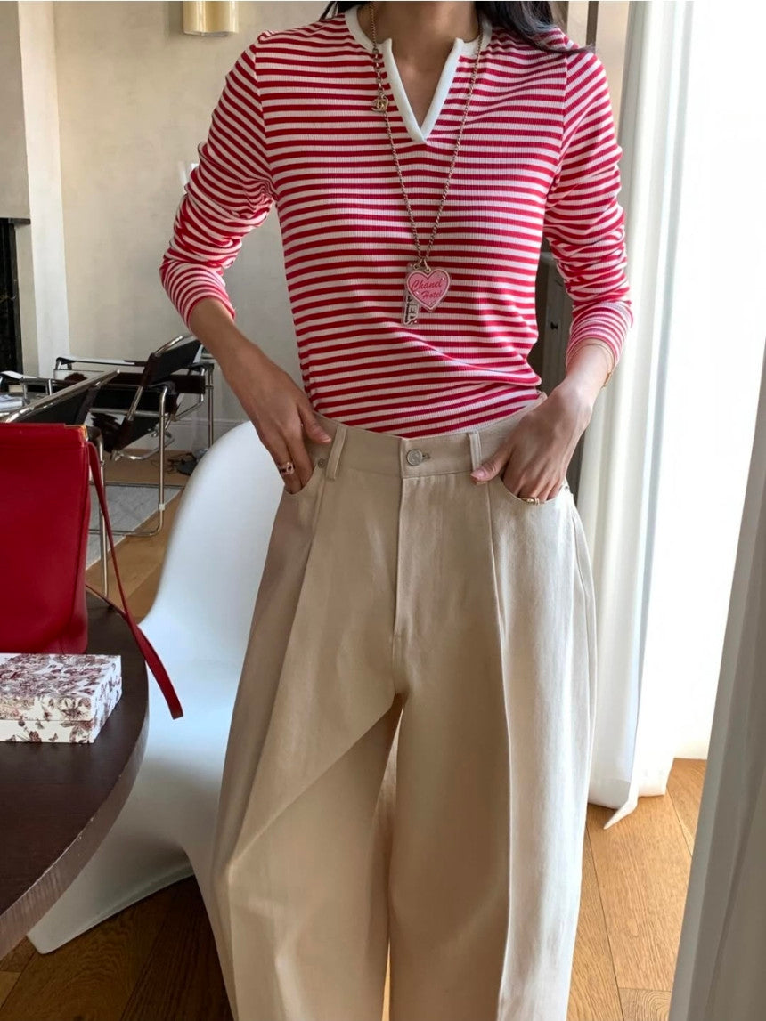 *스트라이프 브이 티셔츠