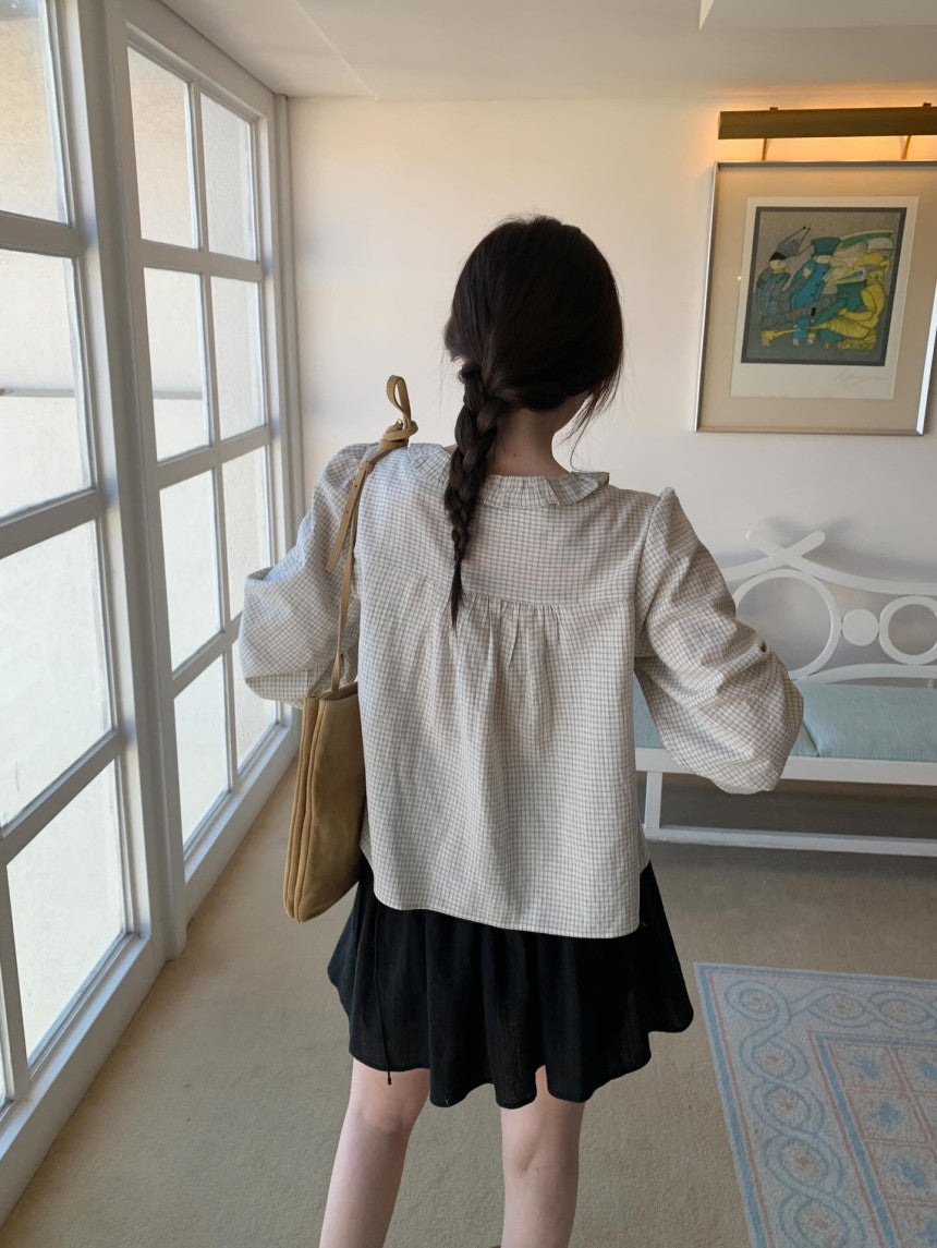 * Check Frill V-Neck Blouse