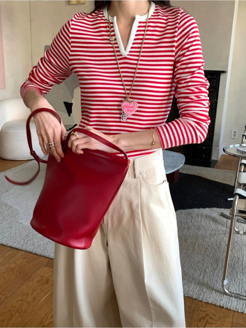 *스트라이프 브이 티셔츠