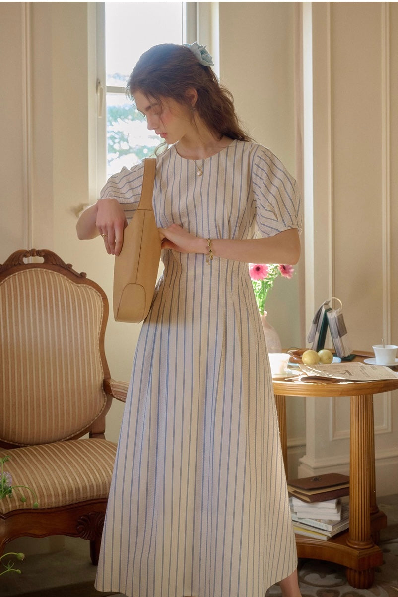 * Stripe Puff Sleeve Long Dress