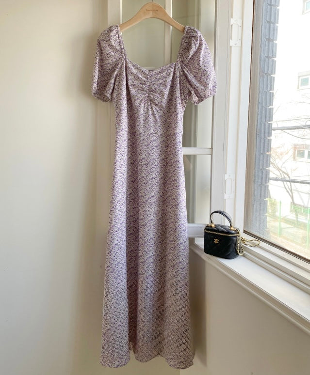 * Lavender Floral Puff Dress
