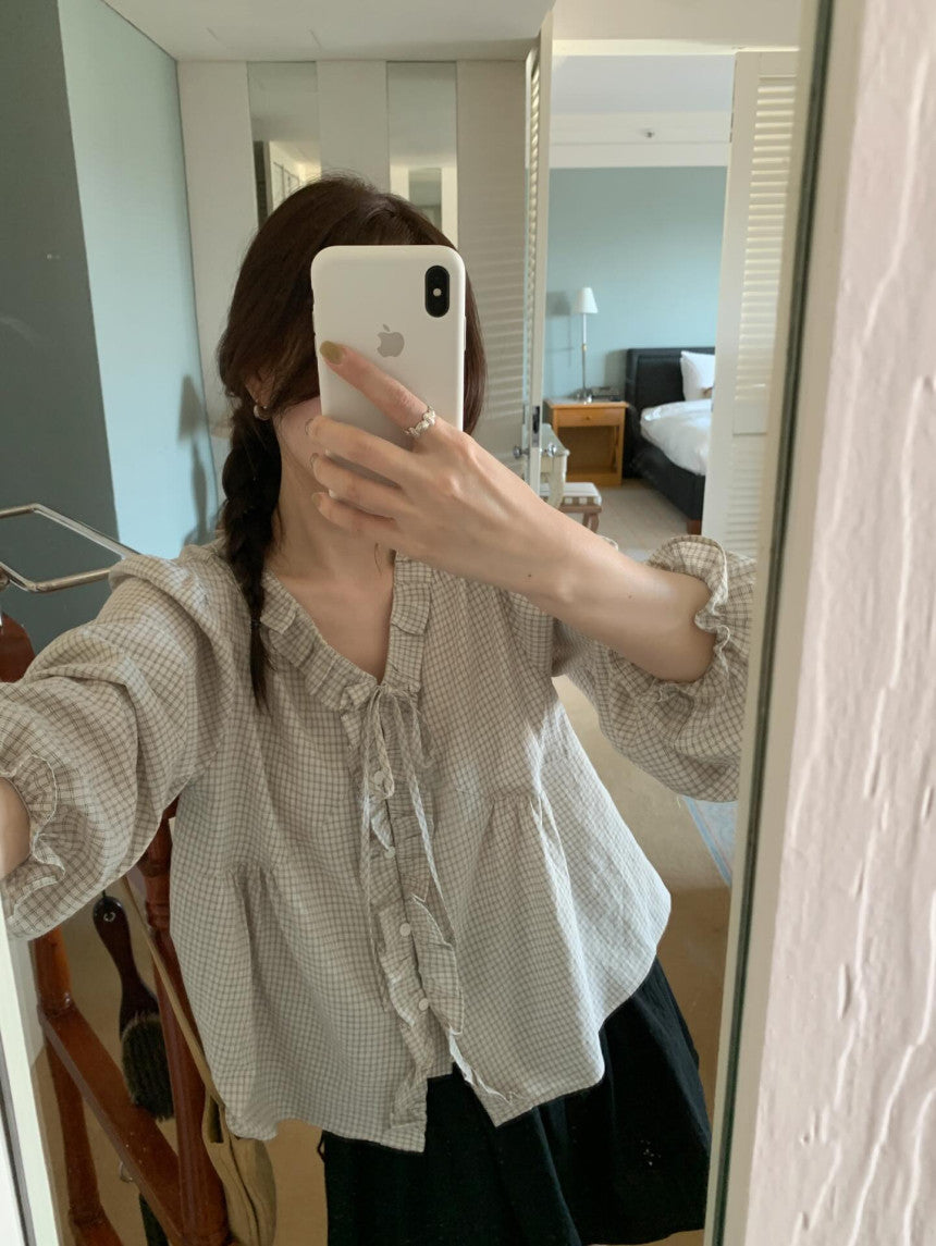* Check Frill V-Neck Blouse