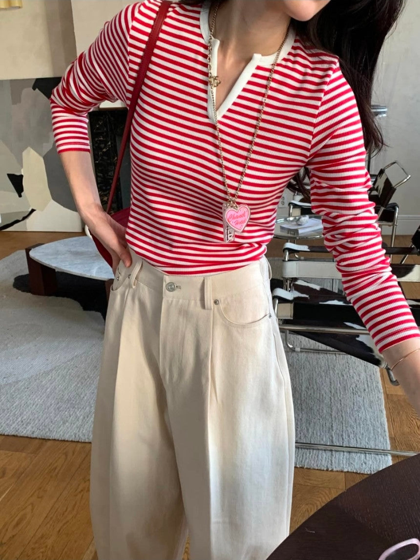 *스트라이프 브이 티셔츠