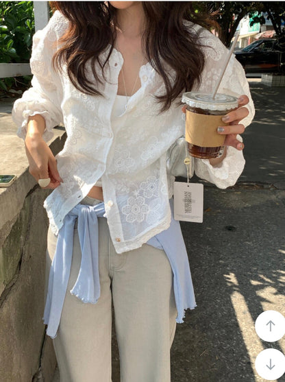 * Floral Lace Cotton Blouse Cardigan