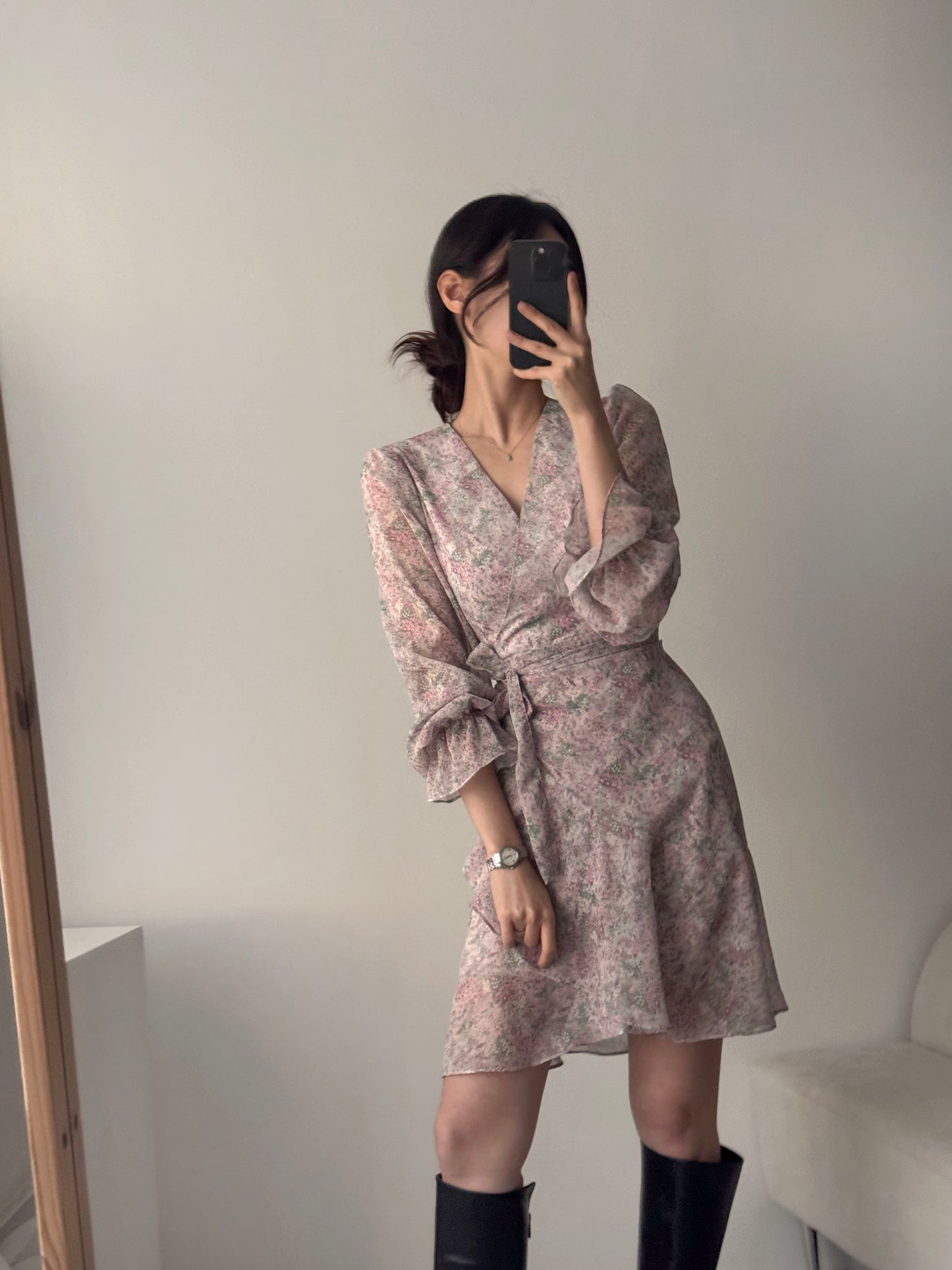 * Diagonal Ruffle Wrap Dress