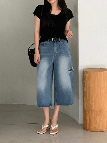 * Damaged Denim Bermuda Shorts