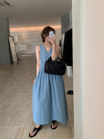 * V-Neck Denim Long Dress