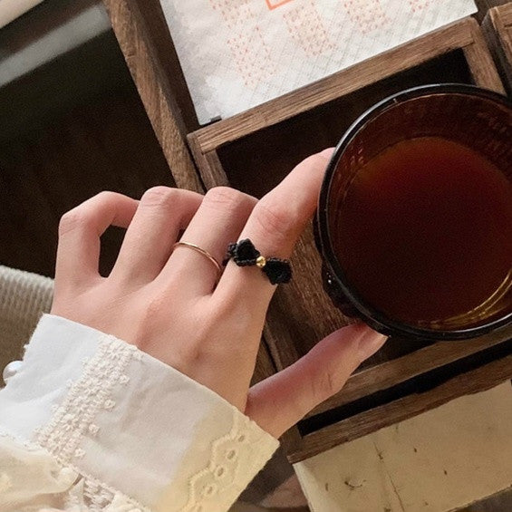 Black Ribbon and Gold Ring Set