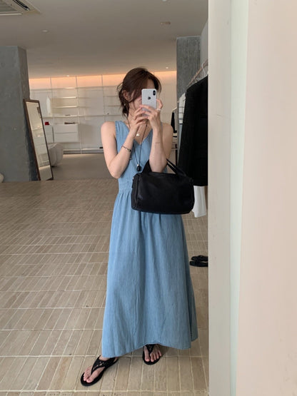 * V-Neck Denim Long Dress
